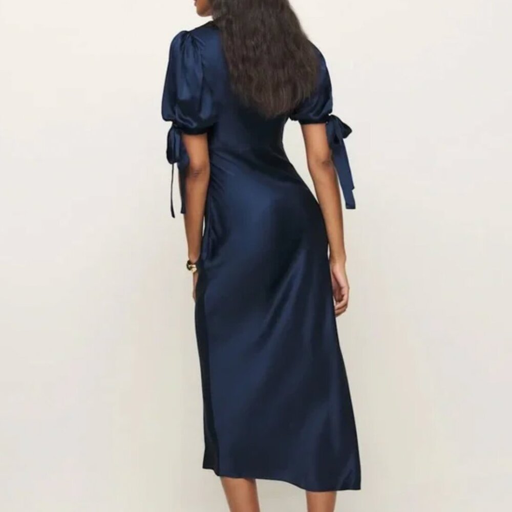 Reformation Navy Satin Midi Dress with Black Lace Trim - Picture 2 of 9